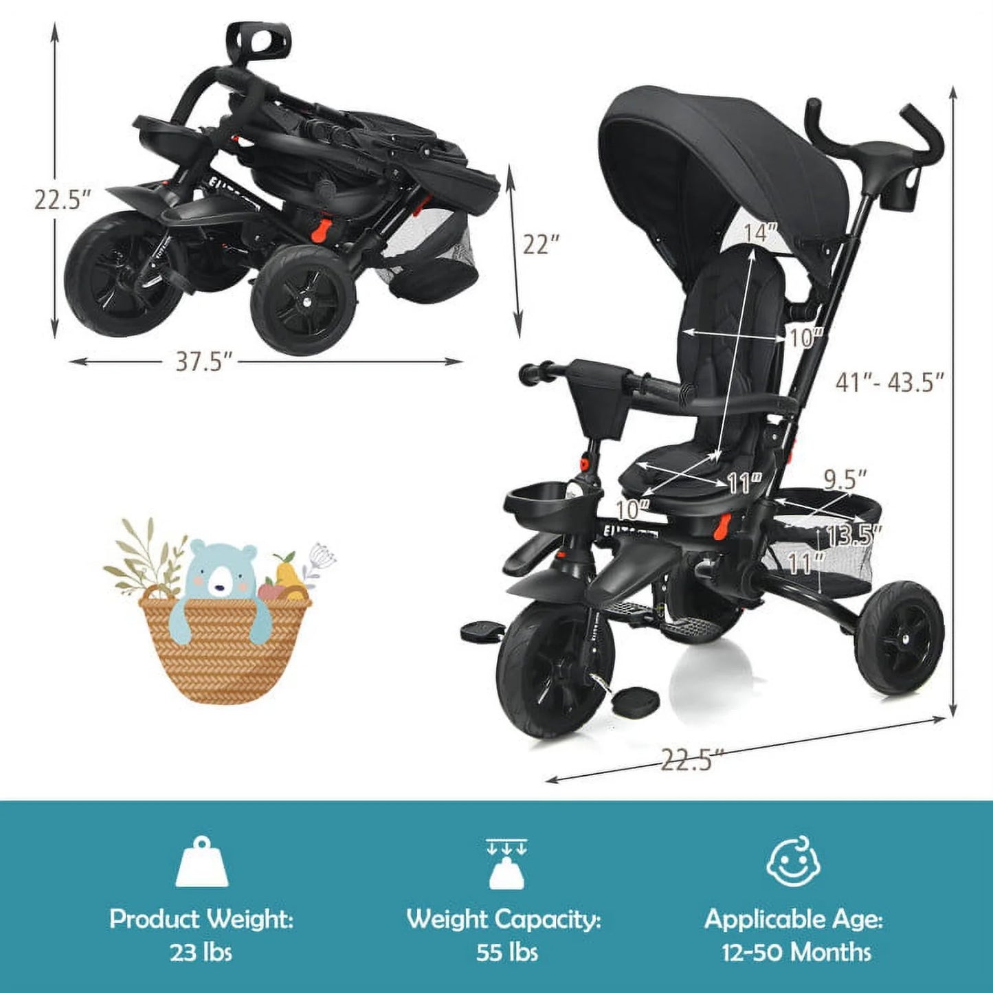 Baby Trike, 7-In-1 Folding Toddler Bike Kids Stroller Tricycle with Adjustable Push Handle, Removable Canopy, Safety Harness, Push Bike for Toddlers 1-3 (Black)